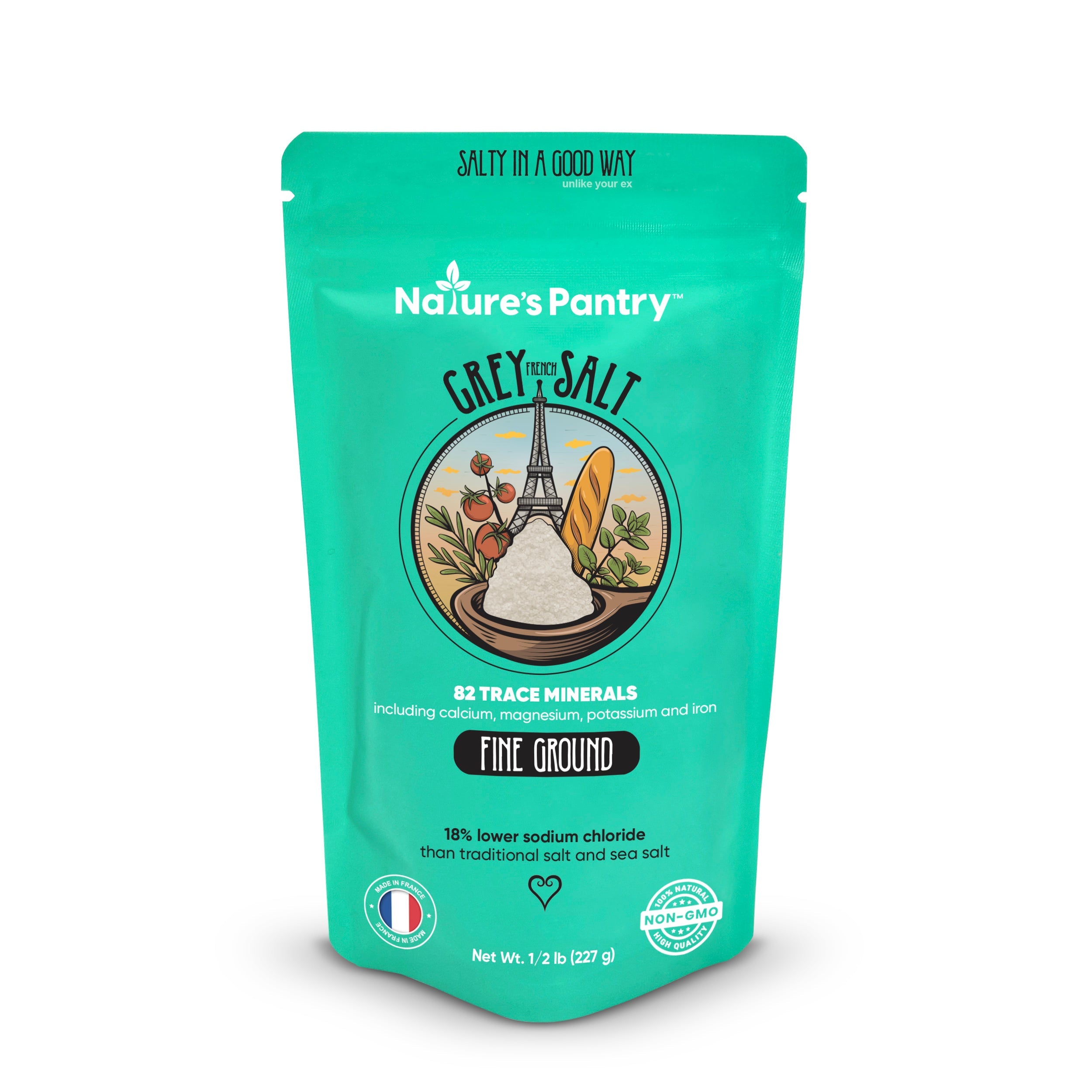 Nature's Pantry Grey Salt package on a white background