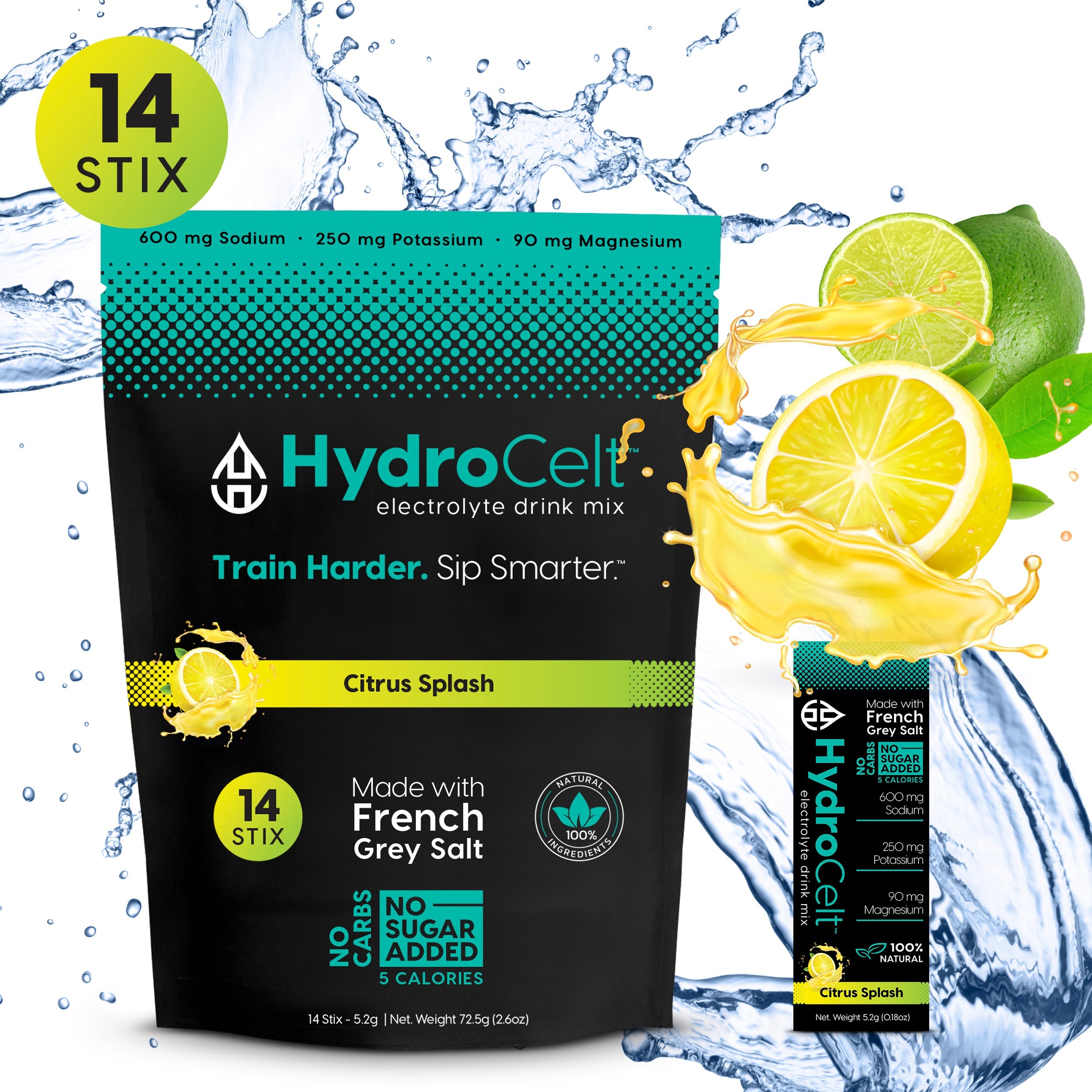 HydroCelt electrolyte drink mix package with lemon and lime graphics on a white background
