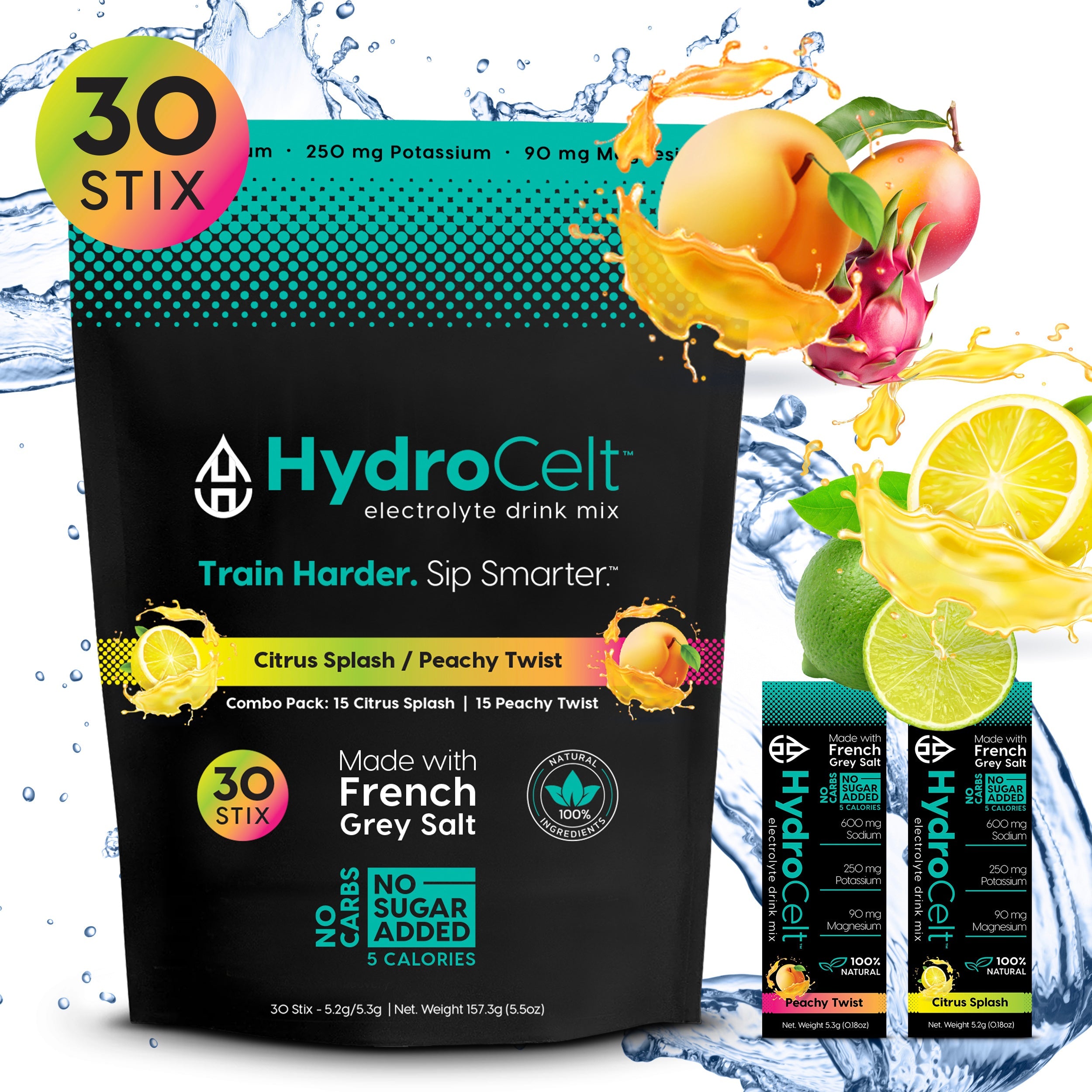 HydroCelt electrolyte drink mix package with fruit illustrations on a white background