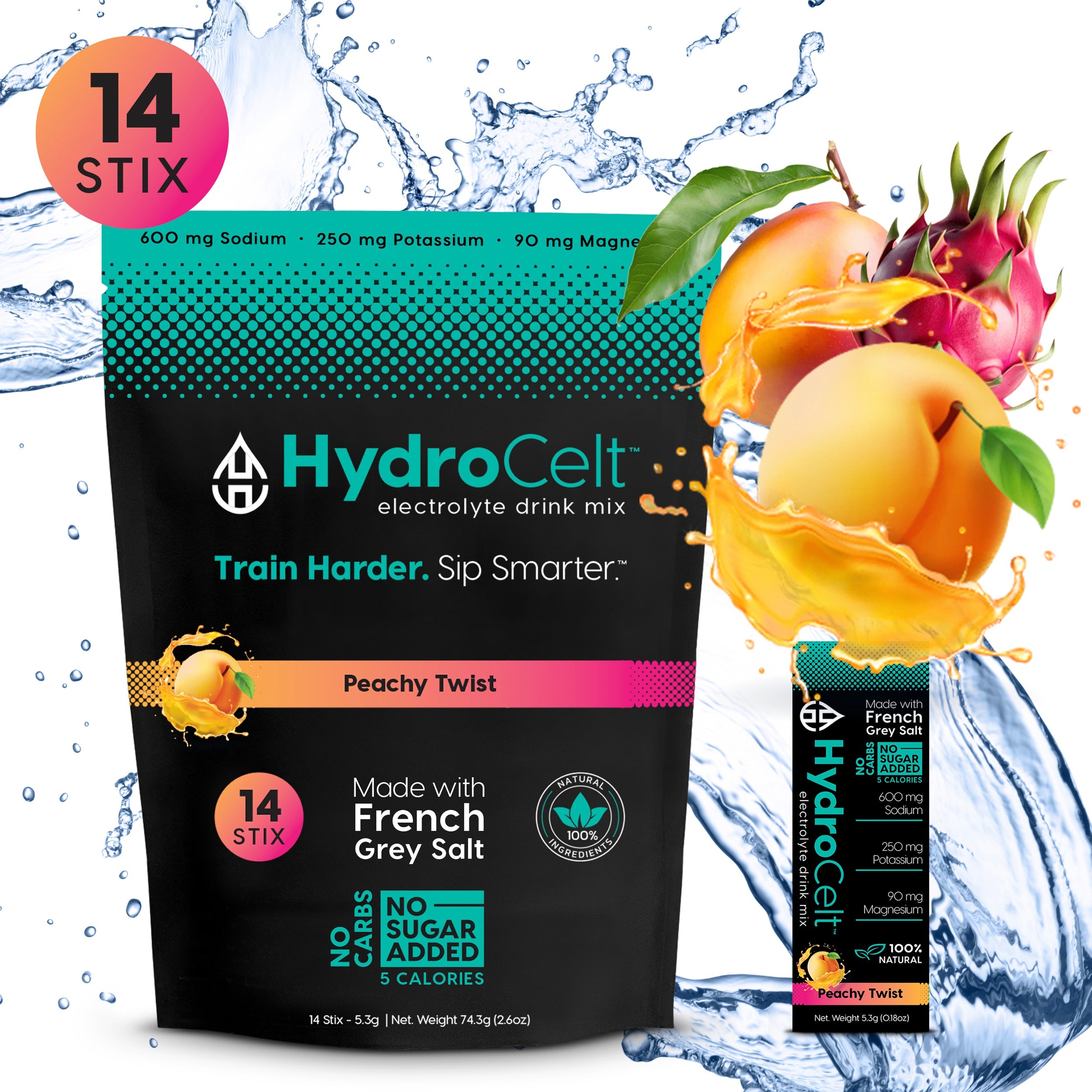 HydroCelt electrolyte drink mix package with peach and dragon fruit graphics on a white background